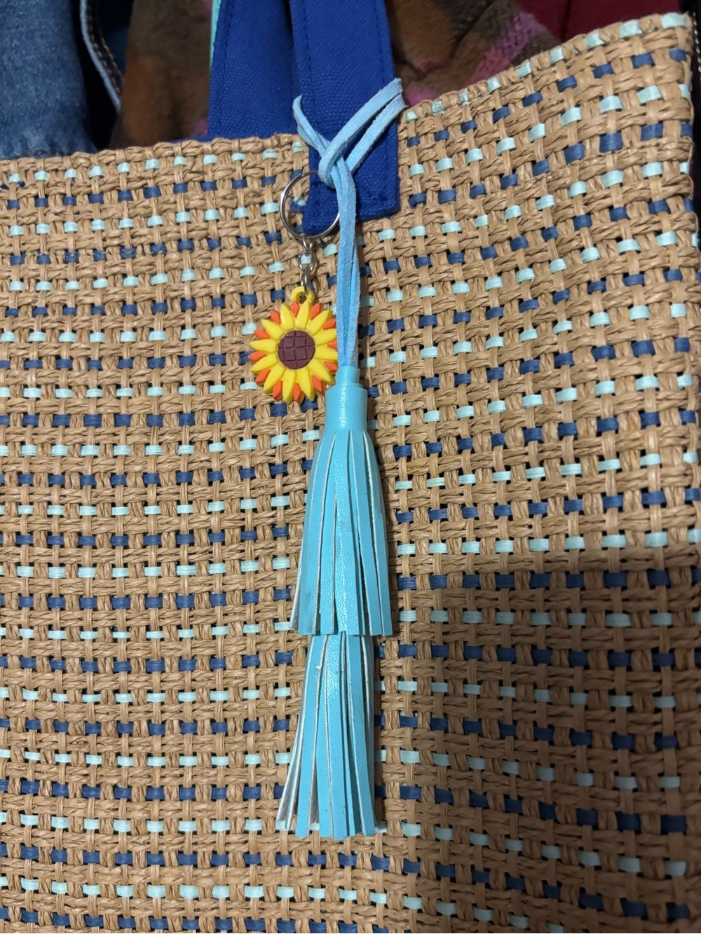 NWOT Blue-Handle Woven Straw Tote Bag with Tassel - Picture 2 of 6